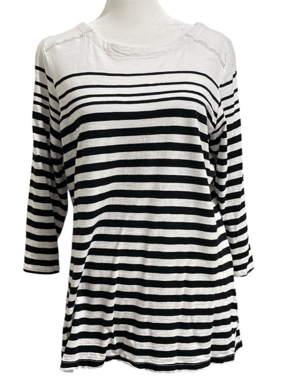 Christopher & Banks Black & White Striped Three-Quarter Length Sleeve Knit Top